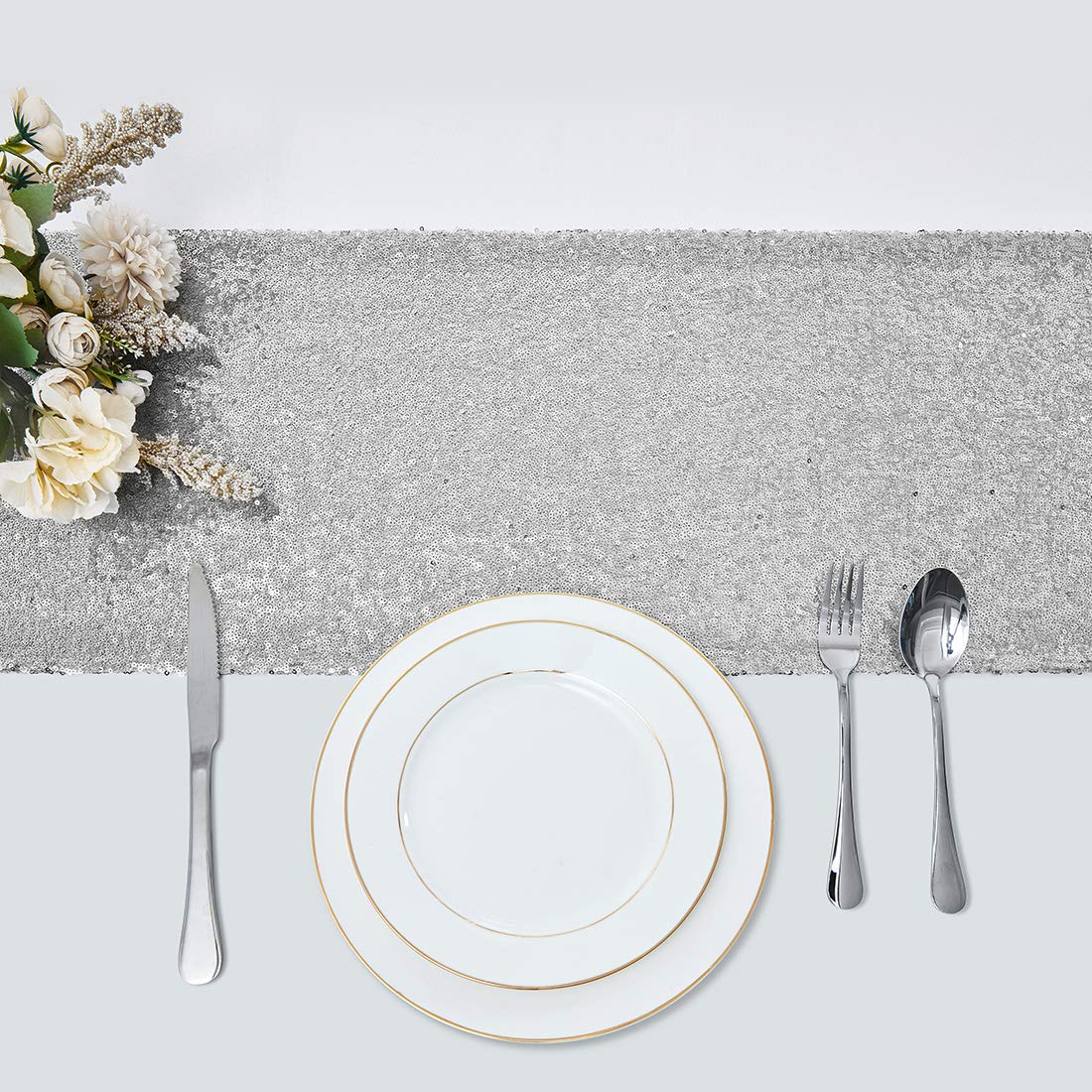 2 Packs 12 x 72 inches Silver Sequin Table Runner, Glitter Runner for Birthday Party Supplies Decorations Wedding Bachelorette Holiday Celebration Bridal Shower Baby Shower