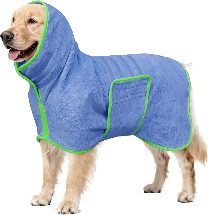Soft Dog Bathrobe Fast Drying Dog Coat, Super Absorbent Dog Towels for After Bath, Microfiber Pet Robe Adjustable Collar & Belly Warm Keeping Dogs Coat for Pet Dogs & Cats (Blue, X-Large)