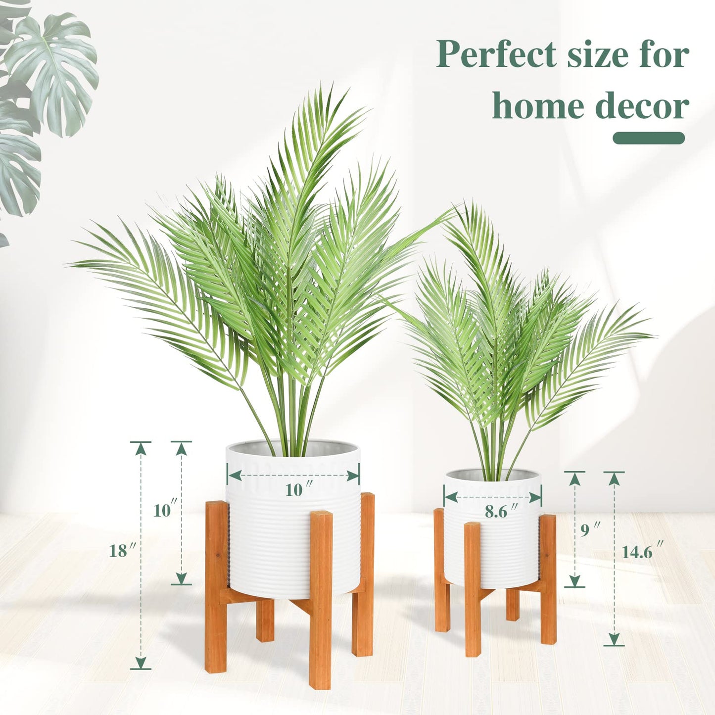 Chonsun 2-Piece White Metal Planter Set with Wood Stand, Indoor Mid Century Modern Planters with Drainage, 8" & 10"