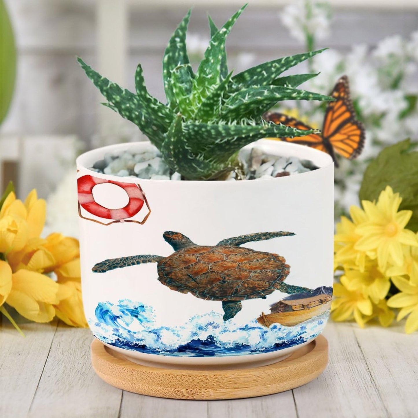 DreamAutumn Ocean Theme Sea Turtle Ceramic Planters Ceramic Pots with Saucers Orchid Pots for Plants Succulents Pots Office Desk Garden Balconys New Home Decor,Gifts for Mom Mother Grandmother