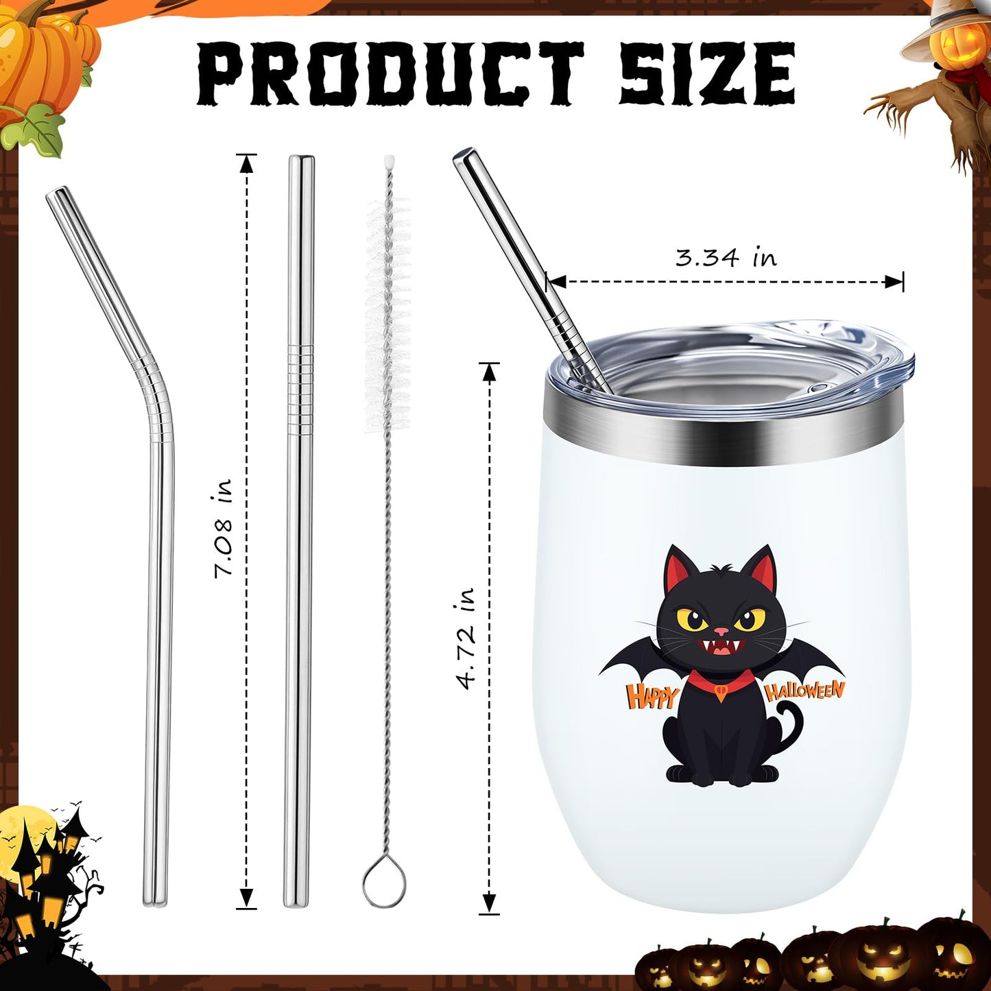 Singhoow 4 Set Halloween Themed Insulated Wine Tumbler 12 oz Stainless Steel Eggshell Cup Pumpkin Ghost RIP Tombstone Cat Bat Gifts for Anniversary Birthday Gifts for Mom Women Colleagues