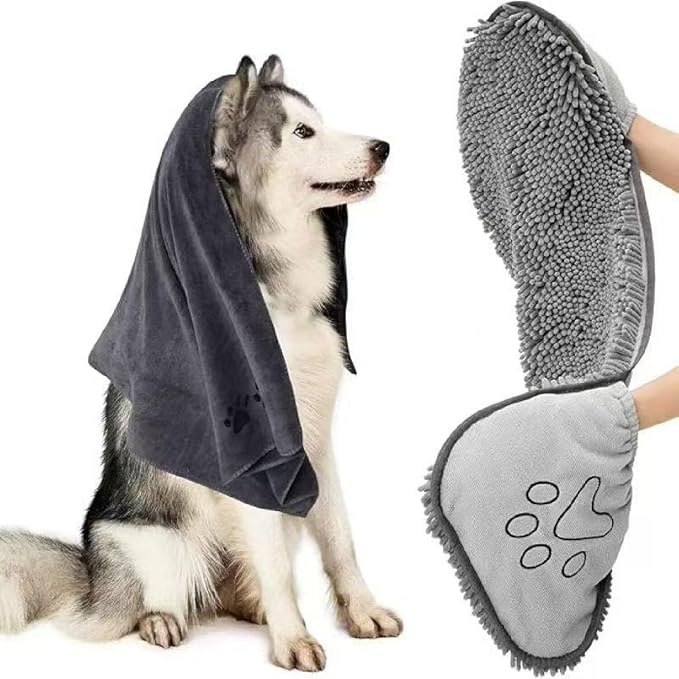 Dog Towel | Quick Dry Ultra Absorbent Microfiber Shammy | Extra Large 24.41x9.06 Dog Bath Towel with Hand Pockets | Dog Drying Towel for Dogs & Cats | Grey, Yellow, Blue (Blue)