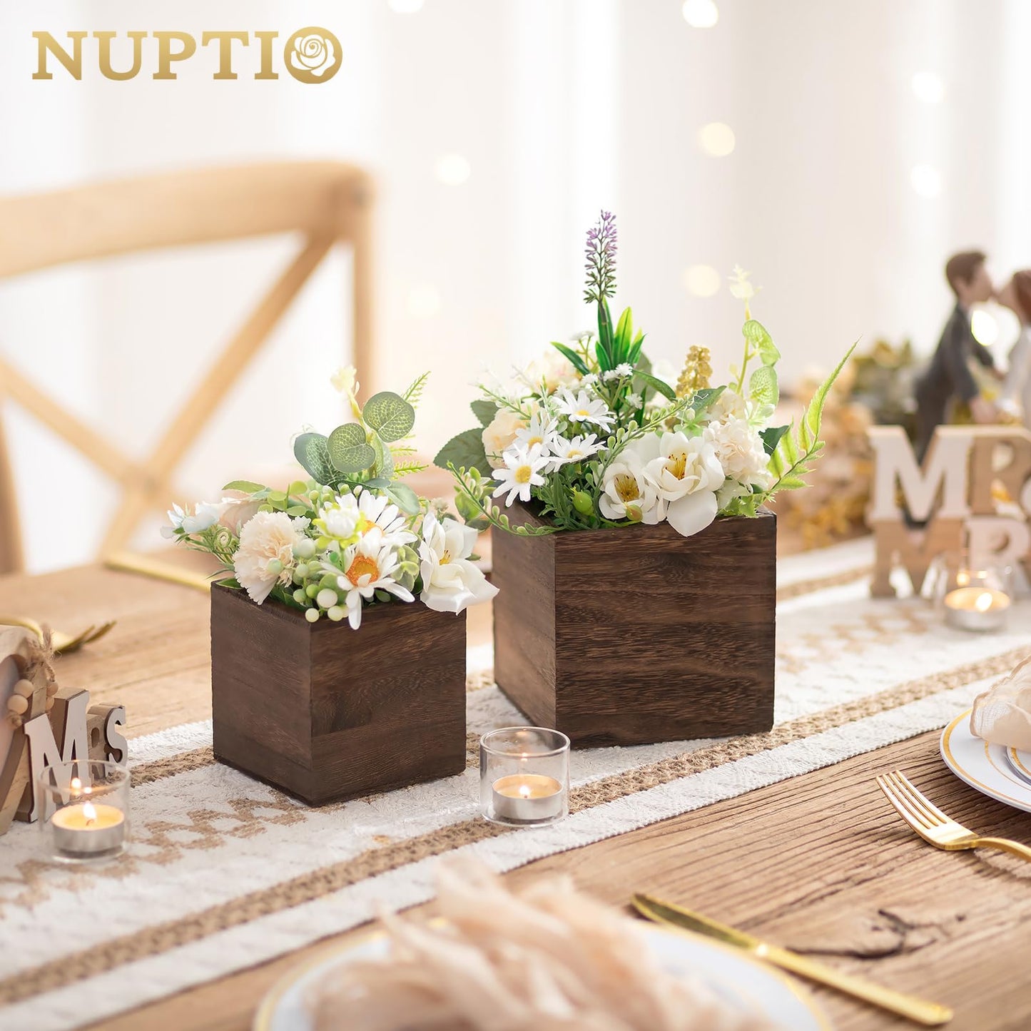 NUPTIO Wooden Box for Centerpiece Wedding: 12 Pcs Rustic Square Planter Box for Christmas Table Fall Decorations - 4×4" & 5×5" Small Wood Vases Flower Pots for Windowsill Home Garden Decor