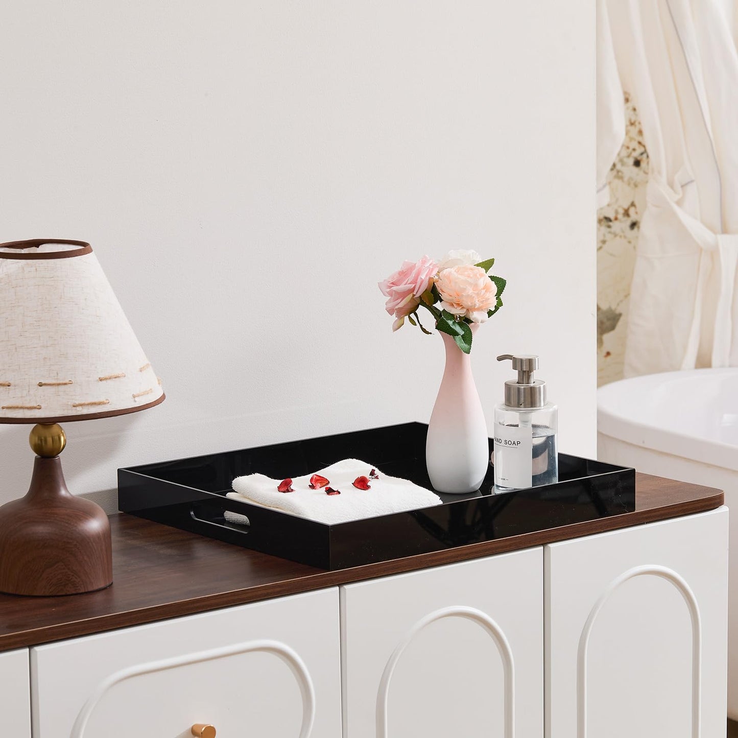 Large Glossy Black Acrylic Serving Tray (18×14Inches) with Cut Out Handles Spill Proof Acrylic Decorative Tray Organiser for Ottoman Coffee Table Countertop