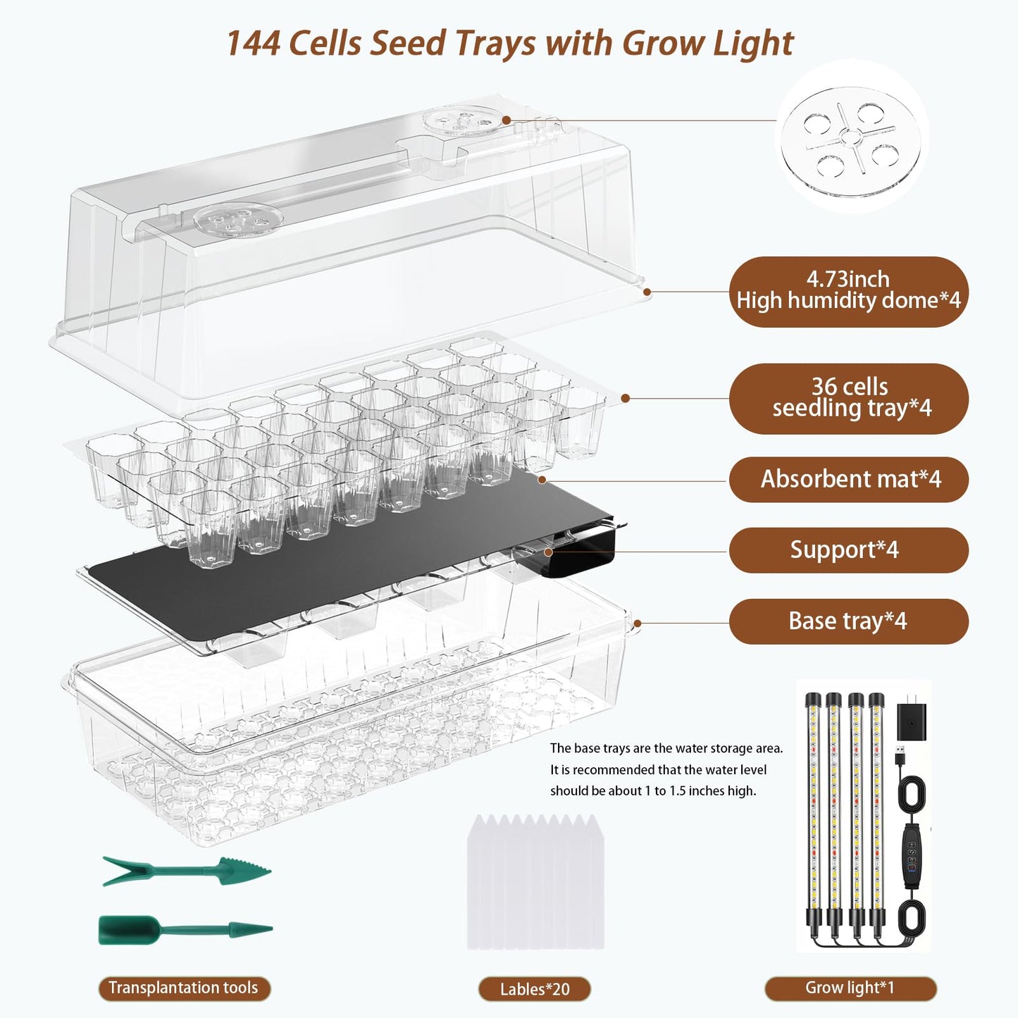 Eyriolya Seed Starter Tray Self Watering, Seed Starter Kit with Grow Light, Full Spectrum Grow Light for Seedling with Timer, Indoor Plant Grow Tray for Beginners & Seasoned Gardeners (144 Cells)