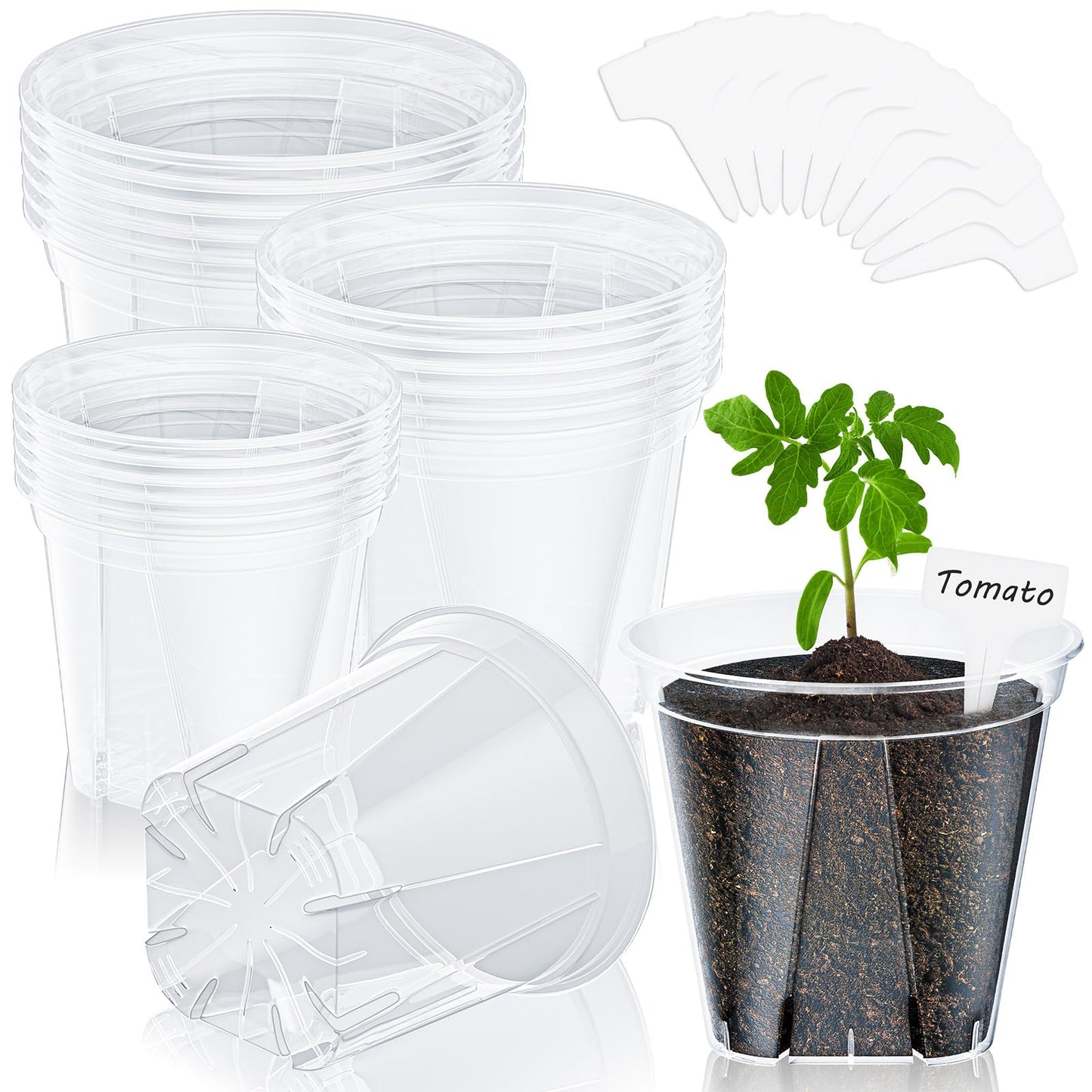 Groodo 18 Pack Clear Nursery Pots for Plants, 5.5/5.9/6.3 Inch Reinforced Plastic Plant Pots with Drainage Holes High Transparency Plant Pot Seed Starter Pot High Transparency with 10 Plant Labels
