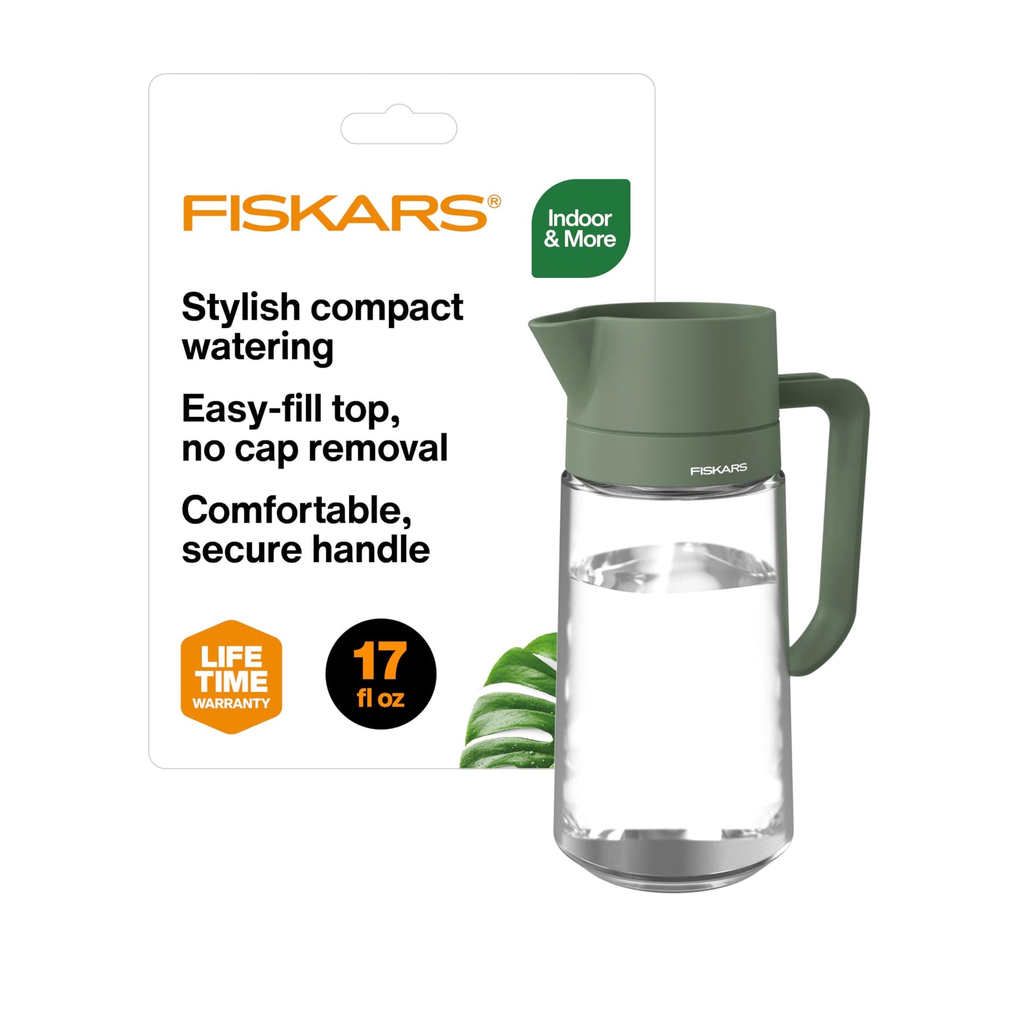 Fiskars Glass Watering Can for Indoor Plants, Small Pitcher for Succulents & Herbs, Easy Fill Top Design and Mess Free Pouring with Narrow Spout for House Plants, Modern Decor Style, 17 oz, Clear
