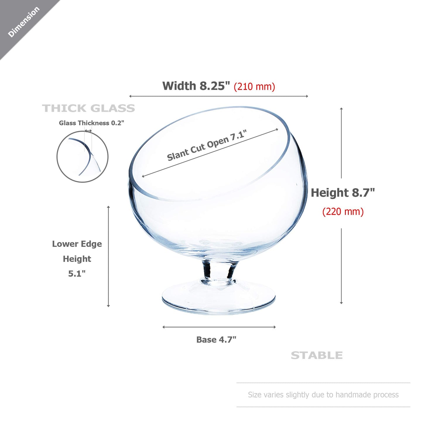 WGV Slant Cut Bowl Glass Vase with Stand, Width 8.25", Height 8.75", Clear Planter Terrarium, Candy Dish, Fruit Jar for Wedding Party Event, Home Office Decor, 1 Piece