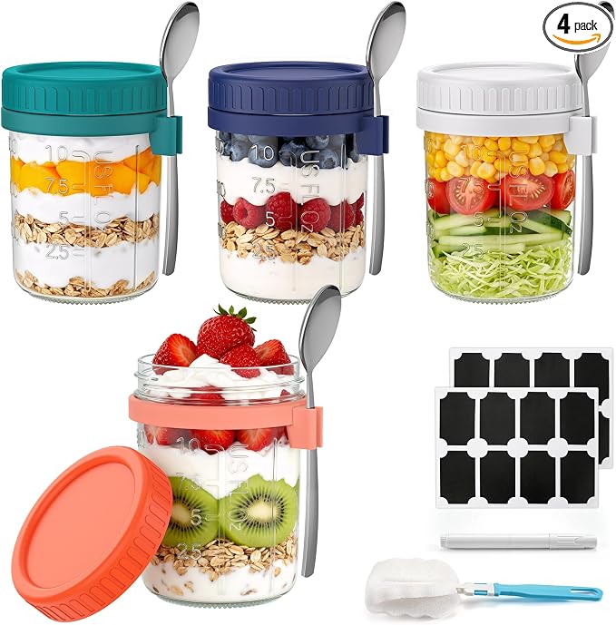 4 Pack Overnight Oats Containers with Lids and Spoons, 16 oz Airtight Oatmeal Container with Measurement Marks, Overnight Oats Jars for Cereal Fruit Vegetable Milk Salad Yogurt Meal Prep