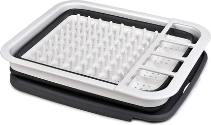 Masirs Pop-Up Collapsible Dish Drying Rack: Convenient Storage, Drains into Sink, Eight Large Plate Capacity, Sectional Cutlery and Utensil Compartment. Compact and Portable Design.