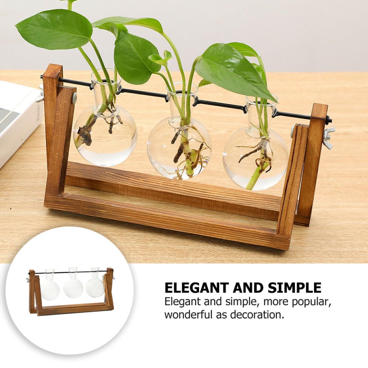 Cabilock Glass Hydroponic Vase Planter with Wooden Stand, Desktop Decorative Green Plant Container for Home and Office Flower Arrangement