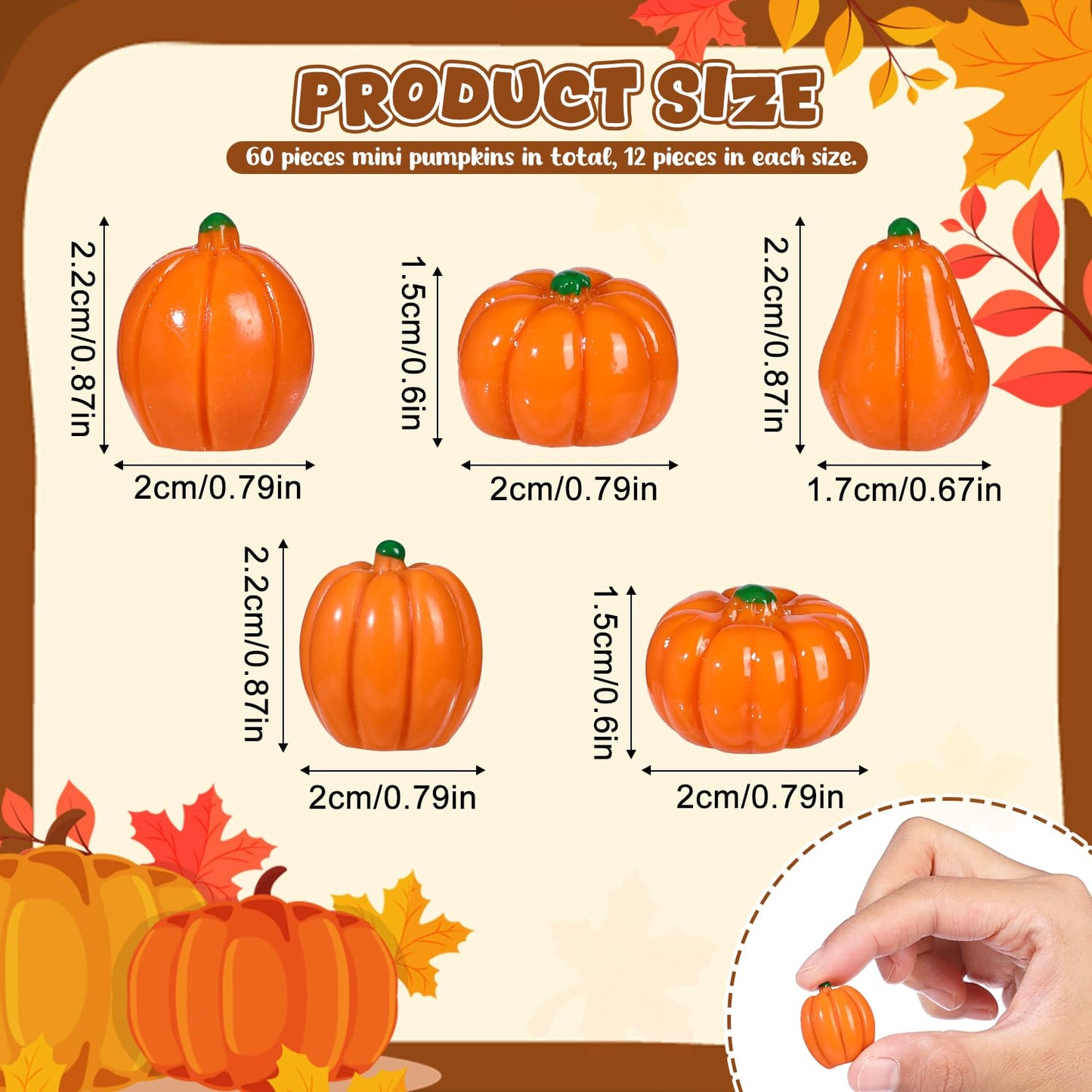 Liobelon 60 Pieces Mini Artificial Pumpkins 5 Different Shape Fall Harvest Simulation Pumpkins Decor DIY Crafts Fake Resin Pumpkin Thanksgiving Decorations Fall Vase Bowl Filler