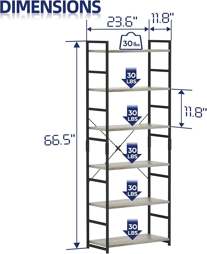 NUMENN 6 Tier Bookshelf, Tall Bookcase Shelf Storage Organizer, Modern Book
