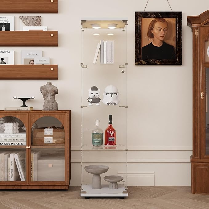 Glass Display Cabinet with LED Light and Lock, 4-Shelf Curio Cabinets with 5mm