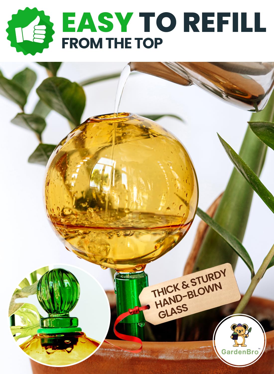 16 Oz Plant Watering Globes for Indoor Plants with Metal Self Watering Planter Insert - Premium XL Glass Hand-Blown Globe - Automatic Plant Waterer Indoor, Gift Idea for Gardeners [1 Globe, Golden]