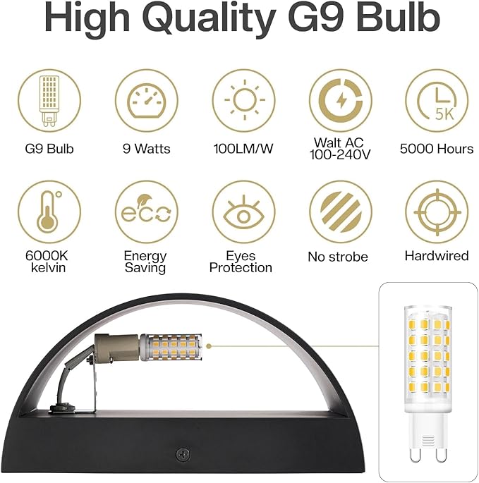 4 Pack Black Modern LED Wall Sconces, 6000K Cool White Hardwired Interior Wall Lights Up and Down Wall Mount Light for Bedroom,Living Room, Hallway(with G9 Bulbs)