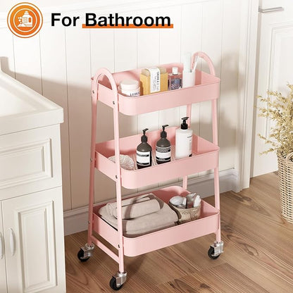 NEWBULIG 3-Tier Metal Rolling Storage Cart, Heavy Duty Mobile Utility Organizer Shelf with Lockable Wheels, Multifunctional Trolley for Daily Supplies, Home Indoor Daily Use, Pink