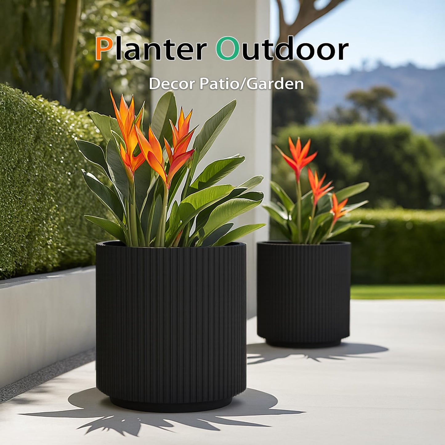 Heyzier Round Planter Outdoor Indoor, Large Plant Pots for Porch, Patio, Backyard, Modern Decor for Tall Plants, Flowers (Vertical Black, 16 inch - 2 Pack)