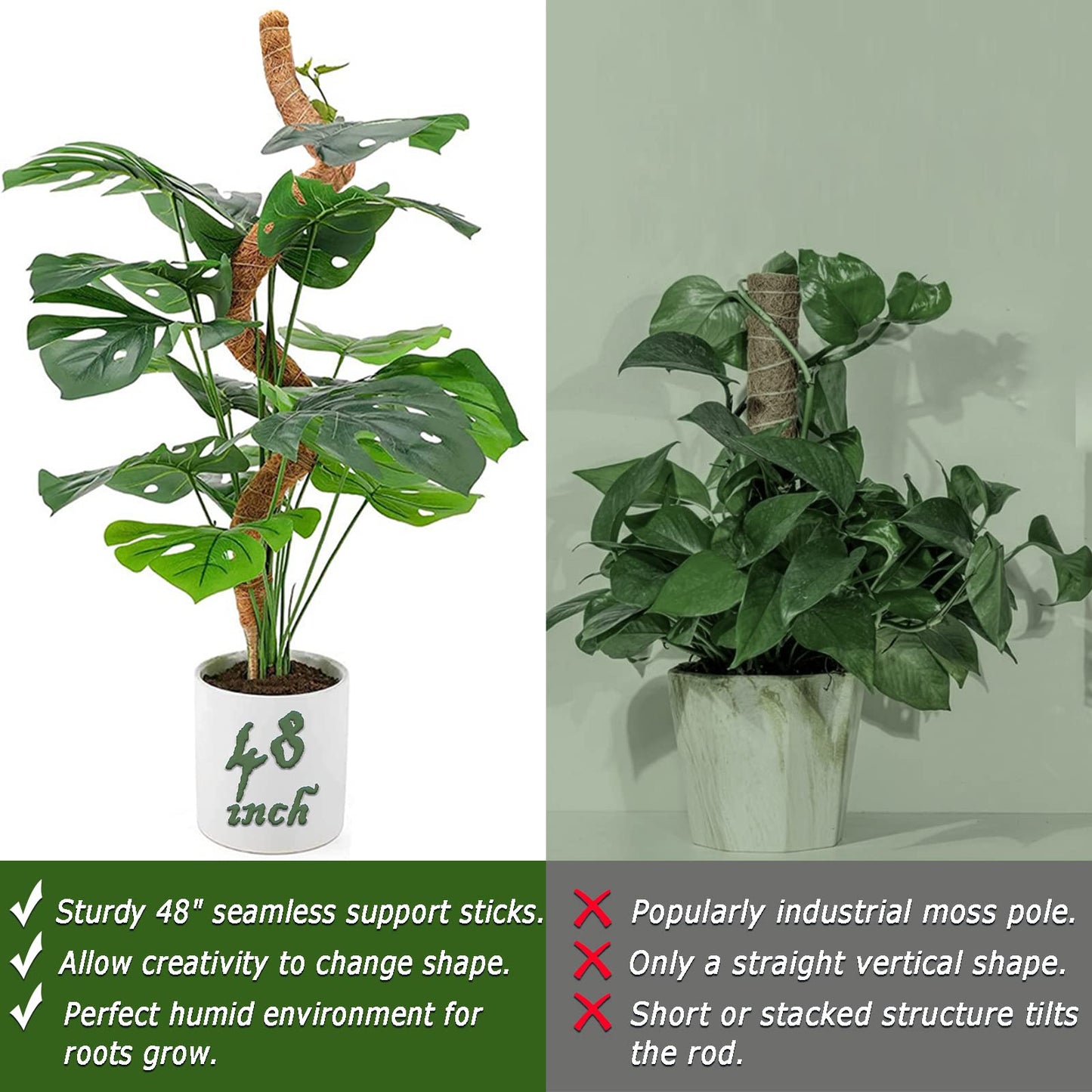 Tall Moss Pole Set, 48” and 60” Bendable Moss Pole for Plants Monstera, Moss Poles for Climbing Plants Indoor, Large Coco Coir Plant Pole Sticks Support Stakes for Potted Plants, Pothos