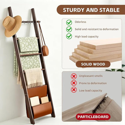 Wooden Blanket Ladder 6-Tier Farmhouse Rustic Blanket Holder with Synthetic Leather Bag, Decorative Stand with Removable Hooks Quilt Towel Rack for Home Living Room Bedroom Decor Brown