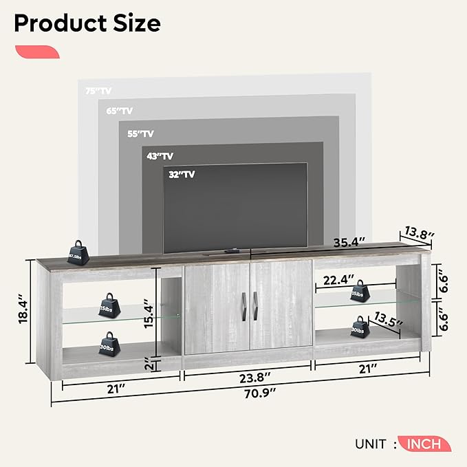 Bestier 70 Inch Led TV Stand for 75 Inch TV Large Entertainment Center Gaming