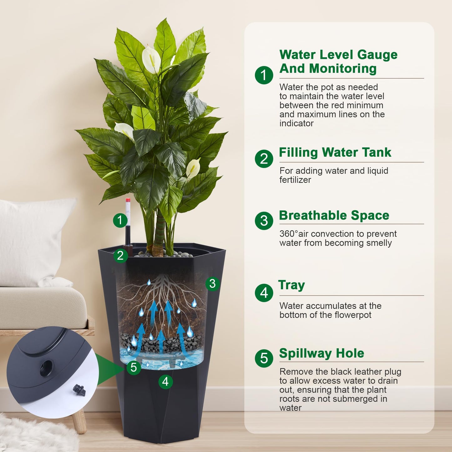 22.4" Black Tall Planters Outdoor Set of 2, Large Black Flower Pots Outdoor with Drainage Holes & Automatic Watering System, Modern Large Resin Planters for Outdoor Plants, Front Porch, Deck, Diamond