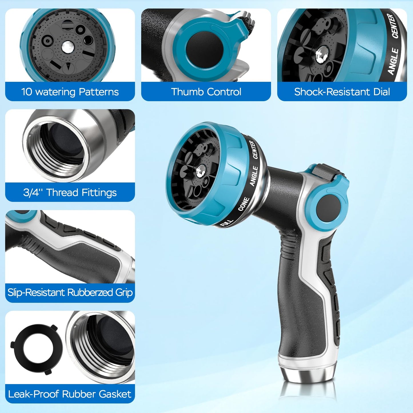 Heavy Duty Garden Hose Nozzle - 10 Spray Patterns, Thumb Control Water Pressure, Semi-Metal Construction Ergonomic Anti-Slip Handle, hose nozzle for Watering Plants, Car Wash, Pet Shower