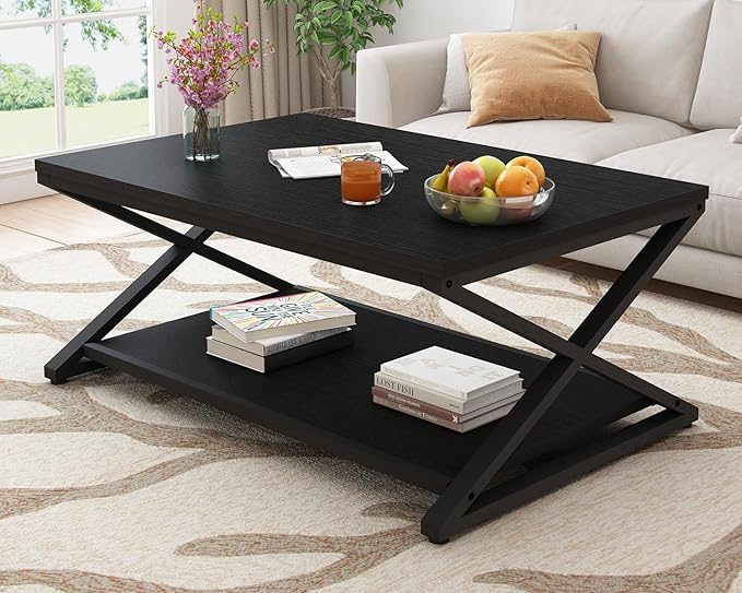 HSH Black Modern Minimalist Metal Wood Living Room Table