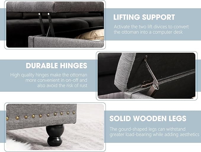 36" Large Square Ottoman with Storage, Tufted Upholstered Storage Ottoman with