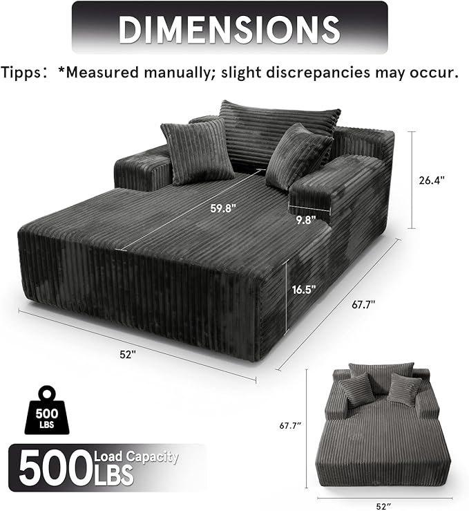 Sytopia Chaise Lounge with Armrests, Oversized Sofa Bed with 3 Pillows