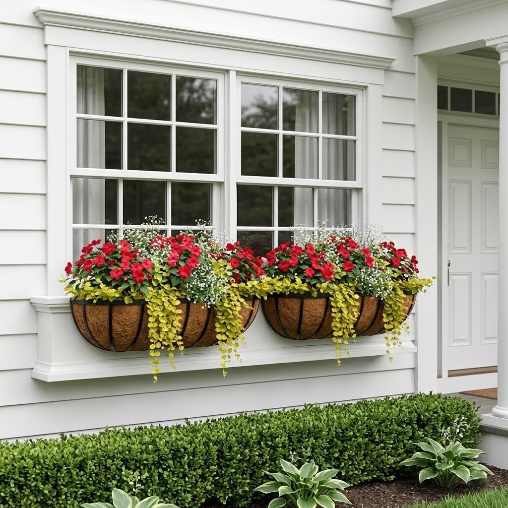 Nature Crafted 24 Inch Railing Planter Boxes with Adjustable Brackets for Hanging Outdoor Plants, Window Box Planter with Coco Liner for Balcony Deck Porch & Patio Garden Decor, 4 Pack & Black