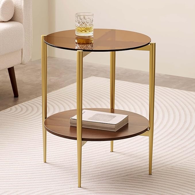 LumFurn Round Glass End Table, Mid-Century Modern Design Sofa Table