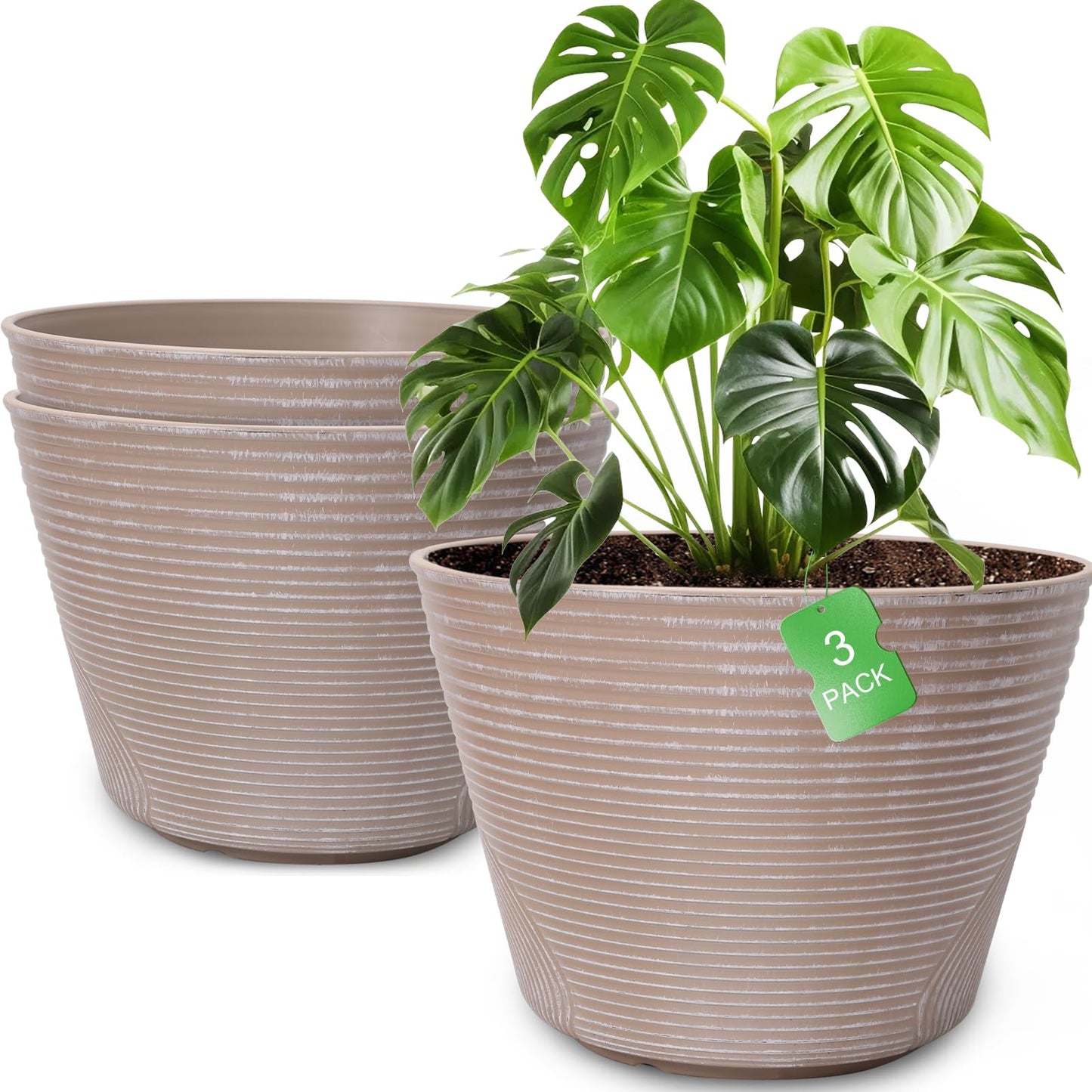 WEICHENGXING 15 inch Plant Pots, 3 Pack Large Round Planters for Outdoor Plants, Porch, Patio, Backyard, Plastic Flower Pots, Classic Garden Pot Container for House, Grey