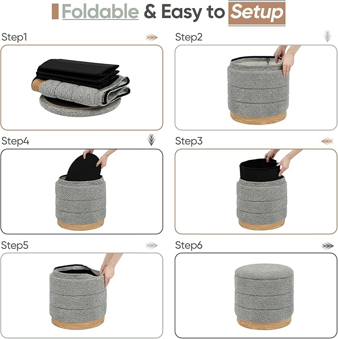 Round Storage Ottoman with Reversible Tray Lid, Folding Chenille Fabric