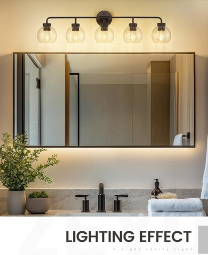 zeyu 5-Light Modern Vanity Light Fixture, 38.5 Inch Bathroom Light Fixtures Wall Mount with Clear Glass Globe Shade, Oil Rubbed Bronze Finish, ZS62BG-5W ORB