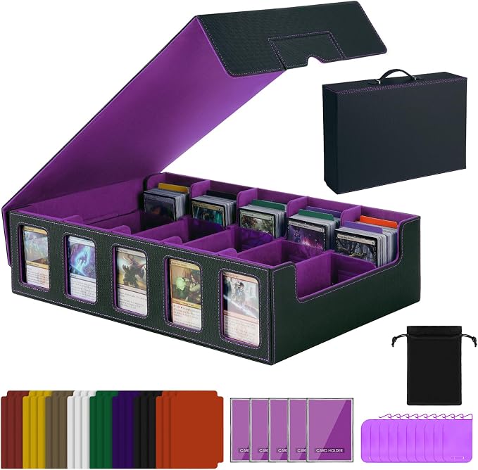 Trading Card Storage Box with Handle,5-Row Portable Leather Game Case for 4000+ Cards,Purple Card Collection Box with Commander Display Window for MTG,Yugioh, and Sports Cards,Gifts for Card Collector