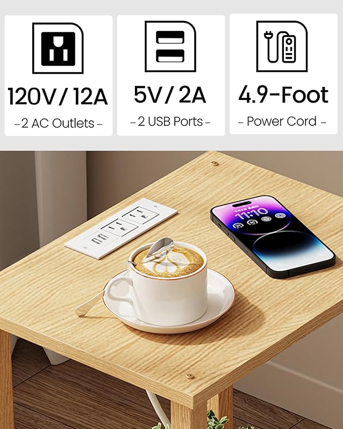 TUTOTAK End Table with Charging Station, Small Side Table with Outlets