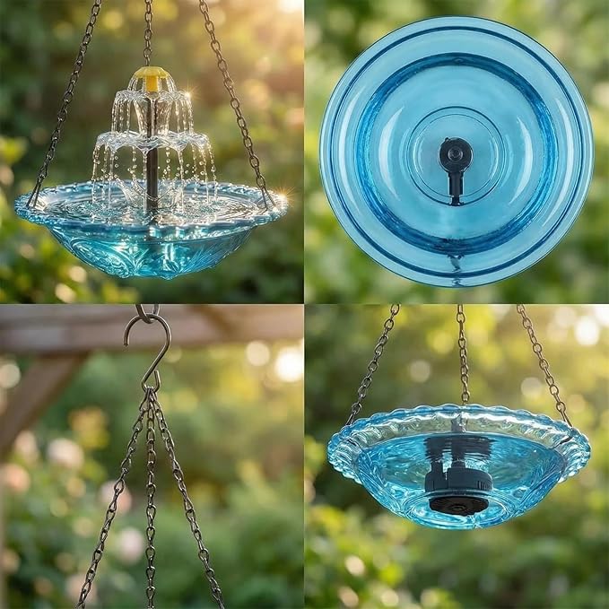 2026 Solar Cascade Hanging Bird Bath Fountain - 3 Layers Outdoor Water Feature for Hummingbirds, Easy-Clean 9.3" Glass Basin with Solar Powered Pump, Attract Wild Birds to Garden, Patio (Pink)