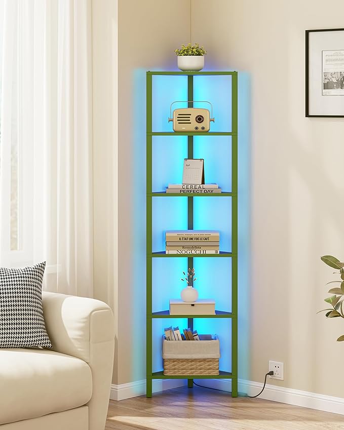 TUTOTAK Corner Shelf with LED Light, 6-Tier Corner Bookshelf