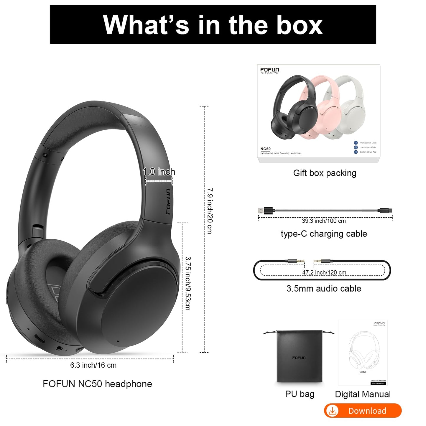 Active Noise Cancelling Headphones, 65H Bluetooth Headphones, Custom EQ via App Headphones Wireless with Mic, Bluetooth 6.0 Foldable Lightweight Headsets for Commuting Travel Work Home (Black)