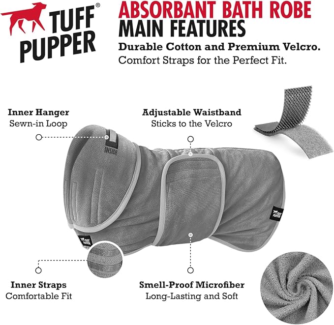 Tuff Pupper Fast Drying Dog Bath Robe | 800 GSM Plush Dog Towel Bathrobe/Dressing Gown | Super Absorbent Pet/Puppy Bathrobe | Adjustable Hood & Belly Strap | Super Soft | Fast Drying (XXXL, Gray)
