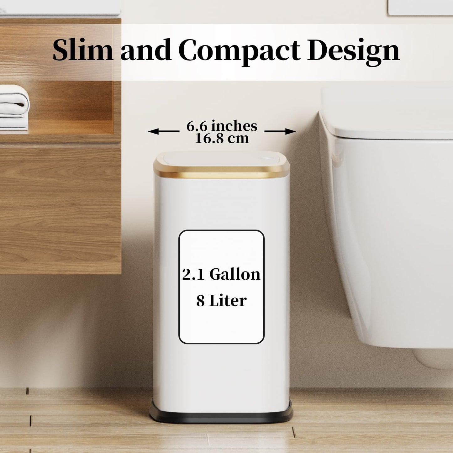 KHMMGK 2.1 Gallon Bathroom Trash Can with Lid Press Top, 8 Liter Stainless Steel Garbage Can with Press Type Lid, Slim Trash Bin Waste Basket for Toilet, Office, Bedroom, Living Room (White)