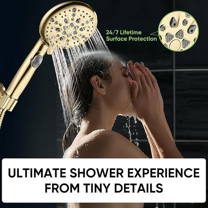 Cobbe 9-Function Shower Head with Built-in Power Spray, 1.8 GPM Water Saving ON/OFF Toggle Switch, High Pressure Handheld Showerhead with 1-Click Pause Button, Brass Bracket & 6ft Hose, Gold
