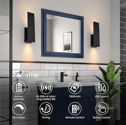 Black Wireless Wall Sconces Set of Two,3000K Warm White Battery Operated Wall Sconce with Remote,USB Rechargeable LED Wall Lights for Living Room Bedroom Hallway