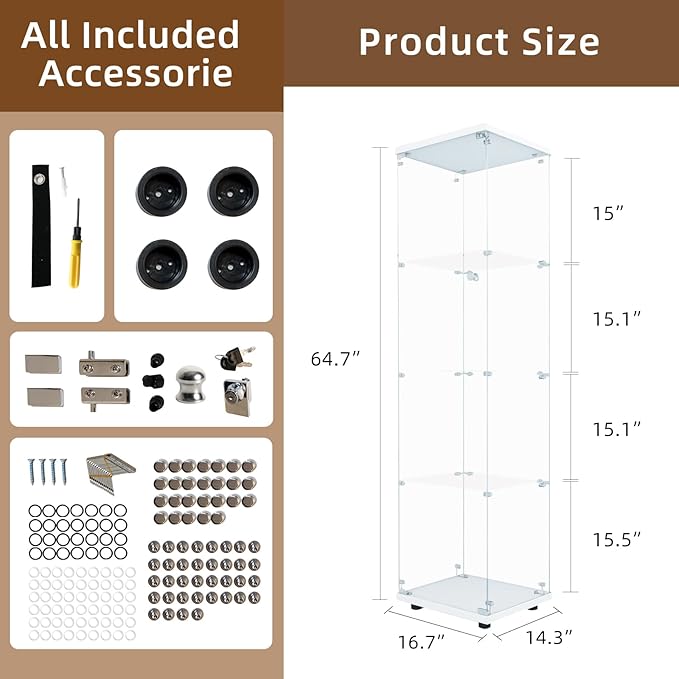Display Cabinet with Glass Door and Lock, 4-Shelf Fast Installation Curio