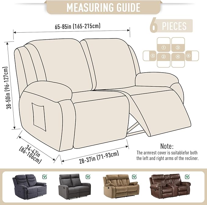 TAOCOCO Recliner Loveseat Slipcover, 6 Pieces Dual Recliner Sofa Covers