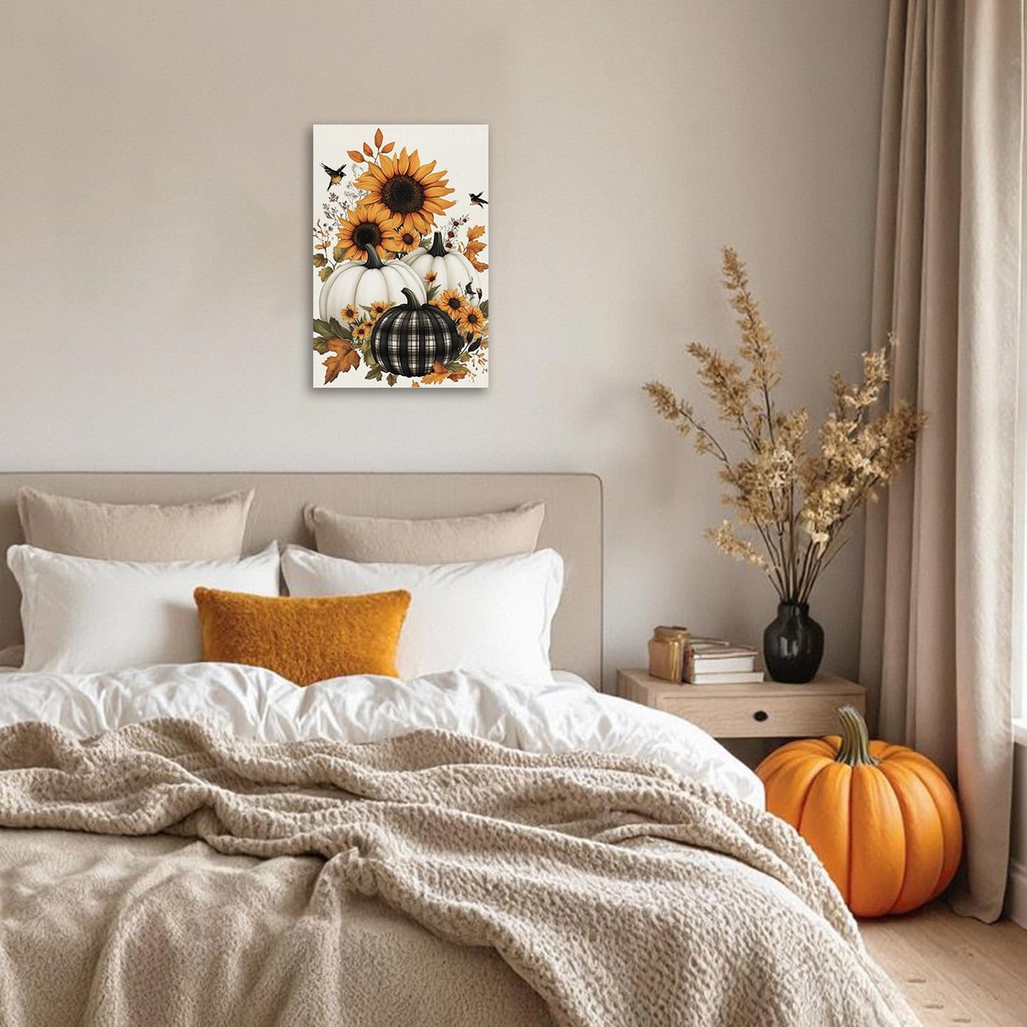 CHAOSETKEN Fall Pumpkin Wall Art Pumpkins with Flower Pictures Prints Autumn Harvest Theme Canvas Paintings Thanksgiving Artwork for Kitchen Farmhouse Decor Framed (Black,18L x 12W)