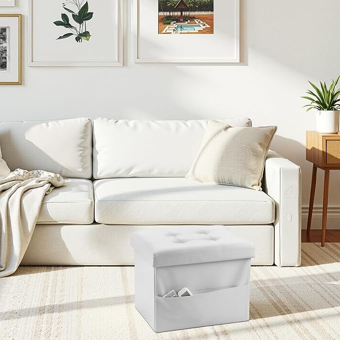 AmasSmile White Storage Ottoman Folding Foot Rest Stool