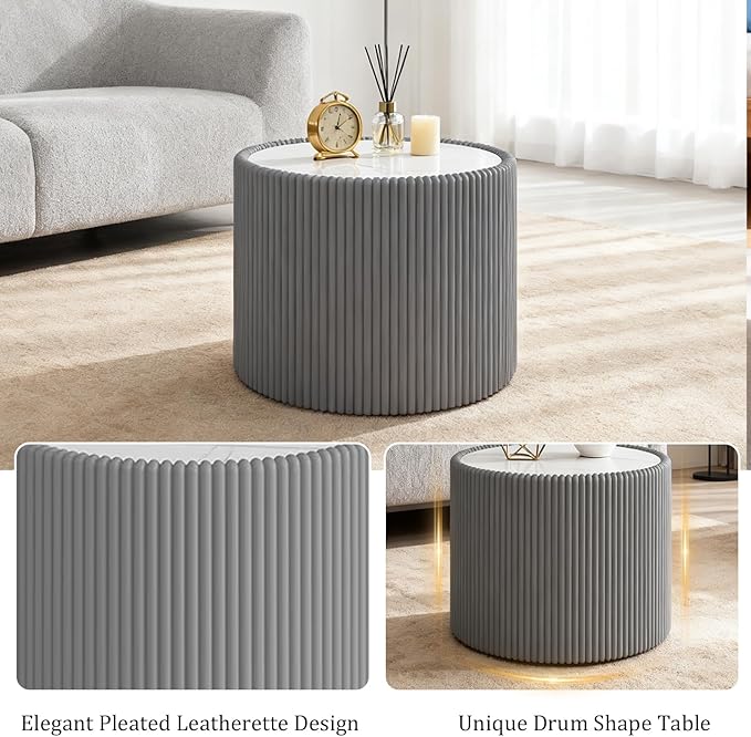 SSLine Round Drum Coffee Table Set of 2 Modern Sintered Stone Top Nesting