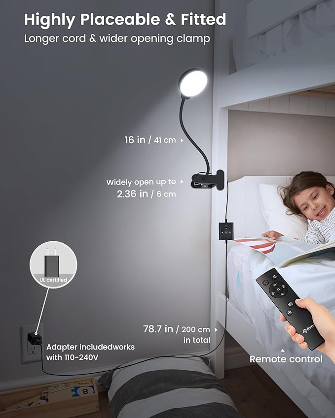Glocusent 5W 36 LED Reading Clip on Light for Bed, Eye Caring Bed Lamp, 3 Colors & 5 Brightness Levels for Headboard with Adapter, Perfect for Reading, Working & Studying (Black with Remote)